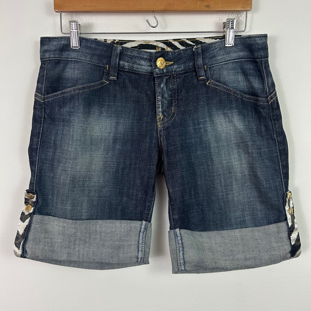 Marciano Womens Dark Wash Cuffed Denim Shorts Zebra Trim Gold Hardware Size 29